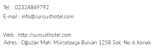 Sun Suit Hotel telefon numaralar, faks, e-mail, posta adresi ve iletiim bilgileri